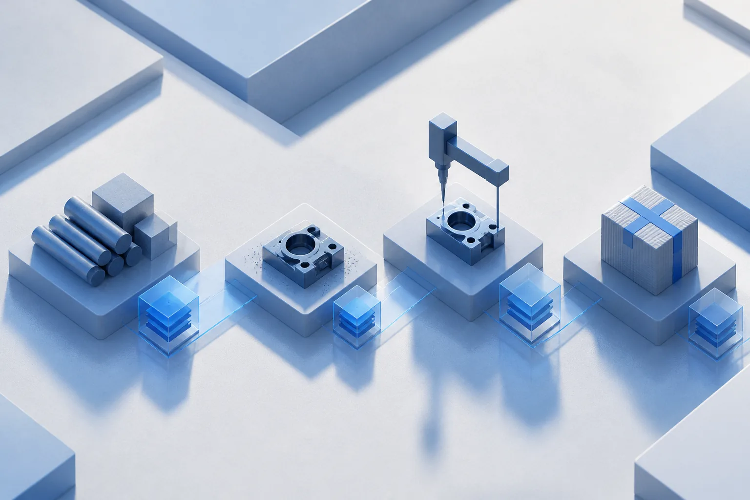 A part moving from raw material batch through machining and inspection to a customer shipment, with a record kept at each step