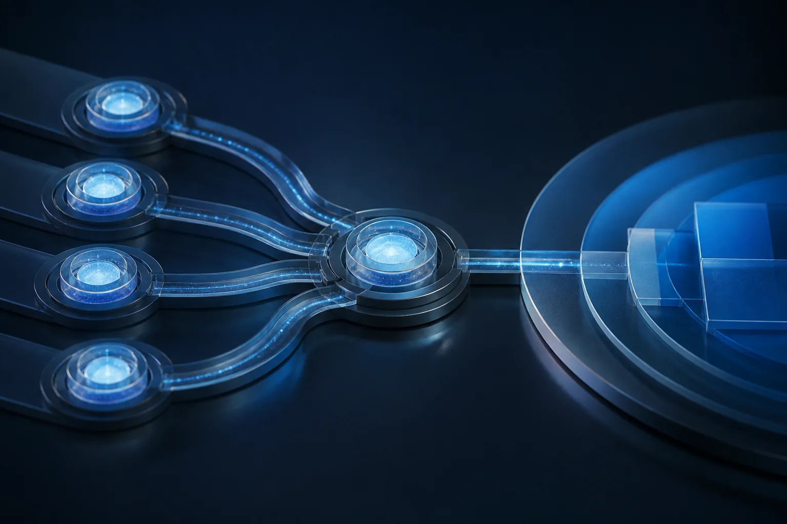 Four LLM options shown as separate lanes feeding one shared routing layer in front of enterprise applications