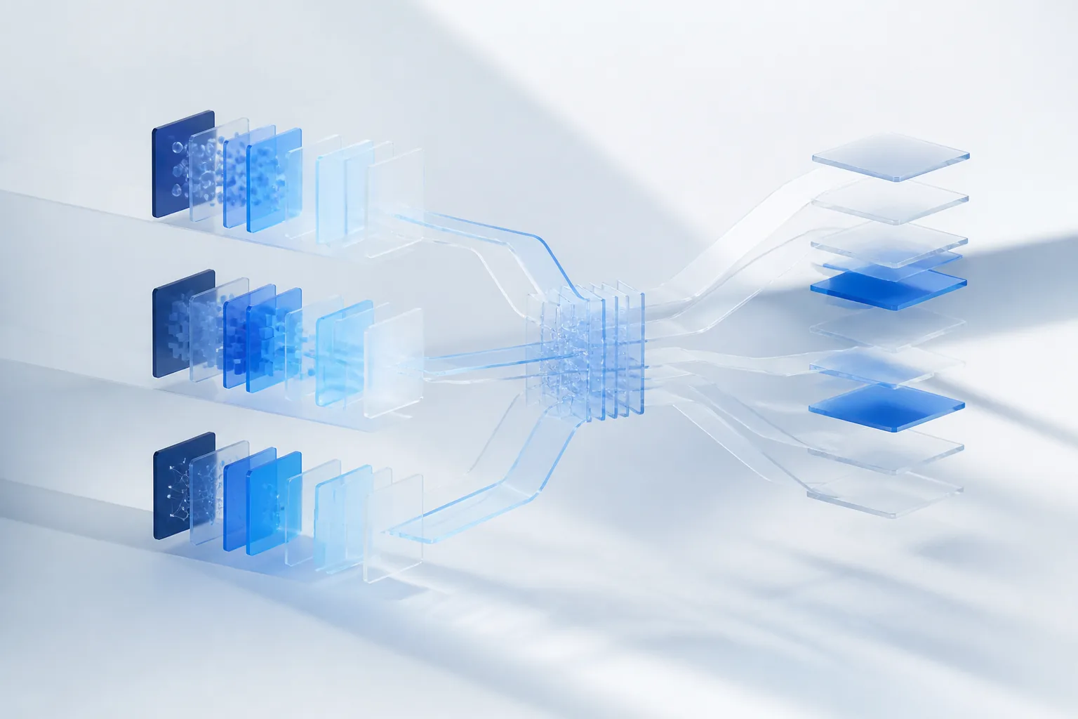 Three model families feeding a routing layer that sends each enterprise workload to the best-fitting model