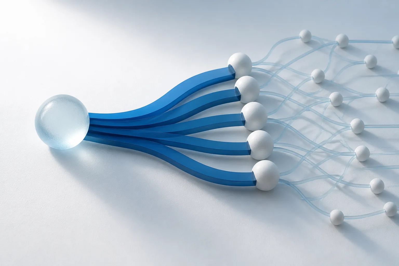 Table-top illustration of integration complexity: a few thick, multi-lane connections outweighing many thin single-lane ones