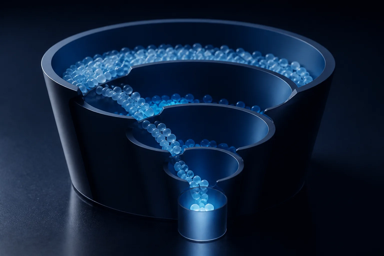A four-stage funnel showing written exercise, code review, technical screen and paid trial narrowing a candidate pool