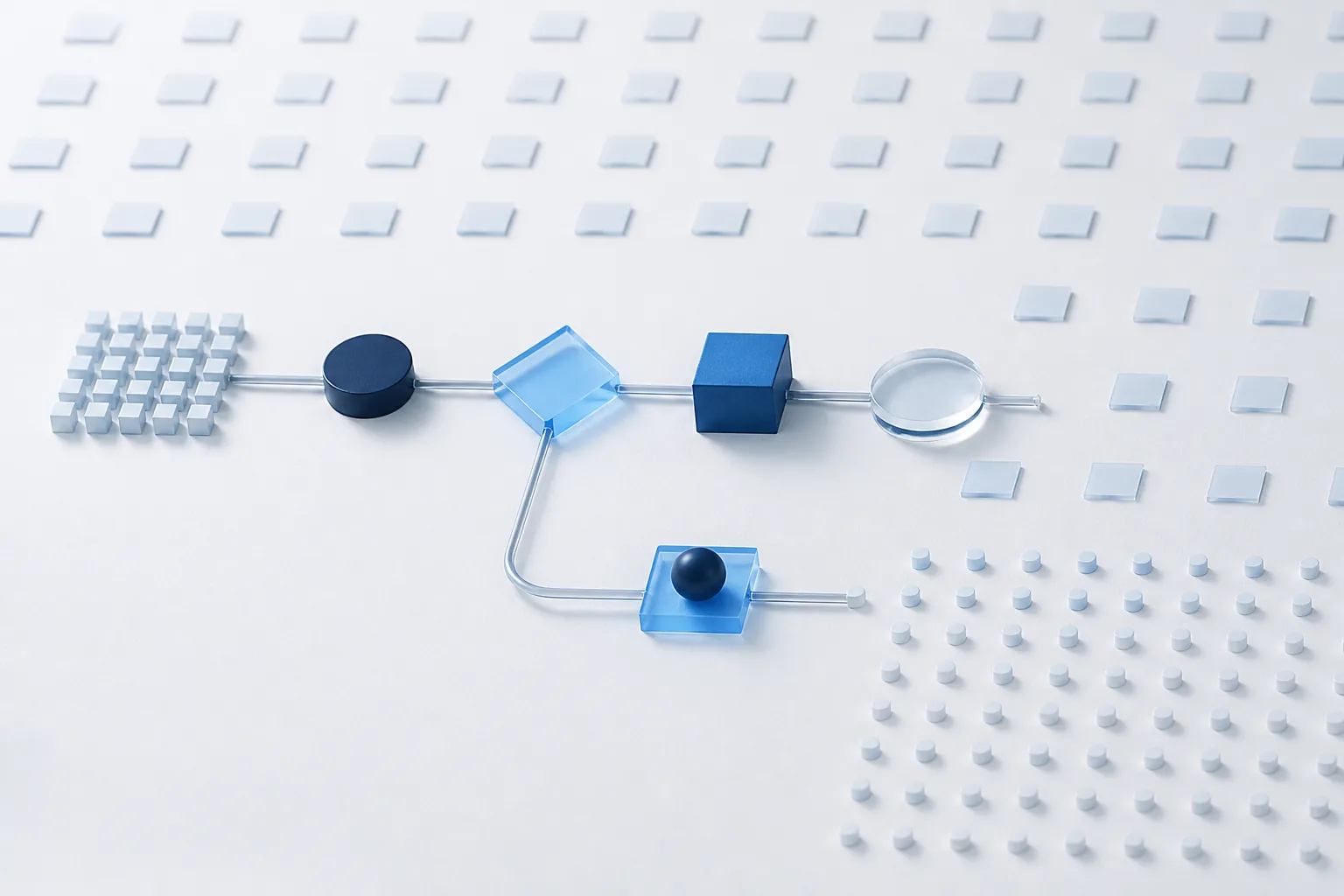 Diagram of an automated process with input, decision, action and monitoring layers, and a side path for human review