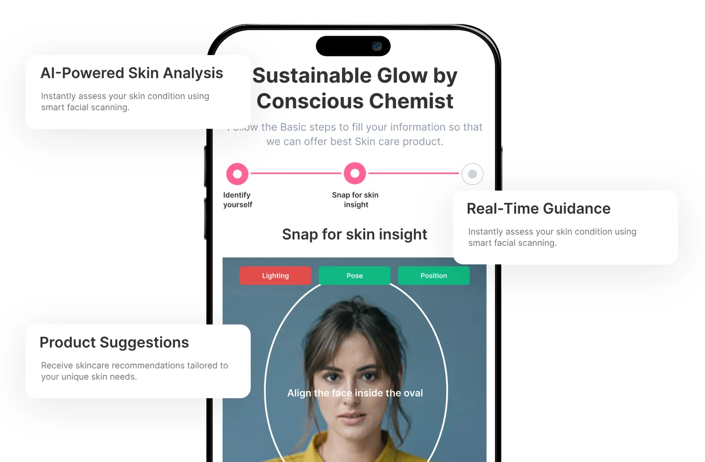 The Conscious Chemist flow: a guided skin scan with real-time framing feedback, leading to tailored product suggestions.